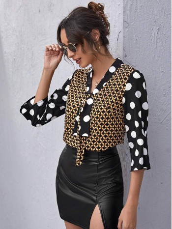 Draped Polka Dot & Graphic Print Top