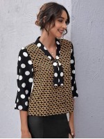 Draped Polka Dot & Graphic Print Top