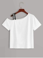 Figure Print Asymmetrical Shoulder Letter Taped Tee