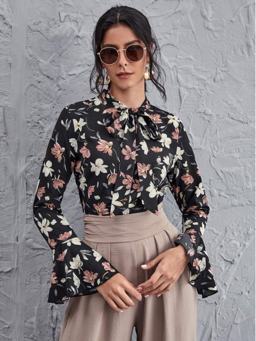 Tie Neck Flounce Sleeve Floral Top