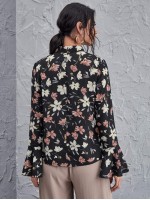 Tie Neck Flounce Sleeve Floral Top