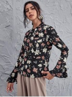 Tie Neck Flounce Sleeve Floral Top