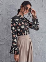 Tie Neck Flounce Sleeve Floral Top