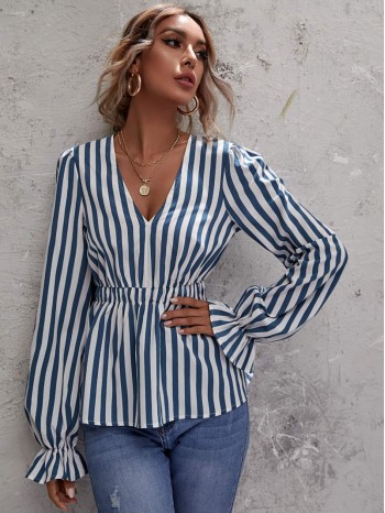 V-neck Striped Peplum Blouse