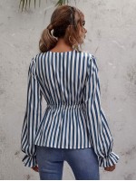 V-neck Striped Peplum Blouse