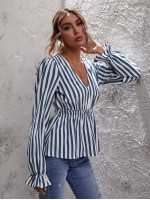 V-neck Striped Peplum Blouse