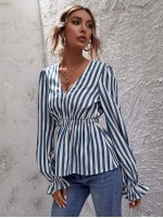 V-neck Striped Peplum Blouse