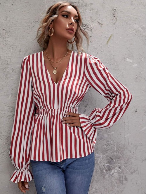 V-neck Striped Peplum Blouse