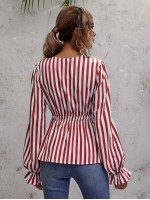 V-neck Striped Peplum Blouse