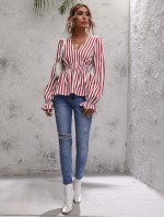 V-neck Striped Peplum Blouse