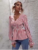 V-neck Striped Peplum Blouse