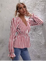 V-neck Striped Peplum Blouse