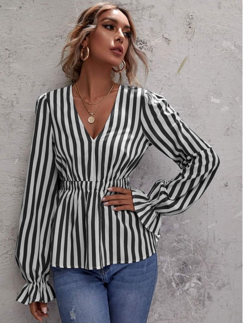 V-neck Striped Peplum Blouse