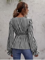 V-neck Striped Peplum Blouse