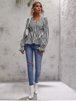 V-neck Striped Peplum Blouse