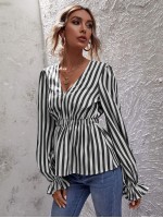 V-neck Striped Peplum Blouse