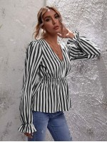 V-neck Striped Peplum Blouse