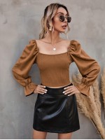 Square Neck Flounce Sleeve Rib-knit Top