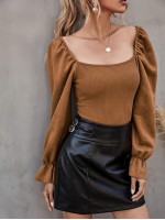 Square Neck Flounce Sleeve Rib-knit Top