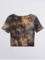 Notched Neck Lettuce Trim Tie Dye Top