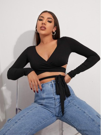 Cross Wrap Tie Front Rib-knit Crop Top