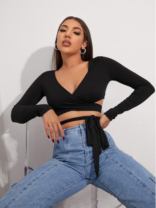 Cross Wrap Tie Front Rib-knit Crop Top