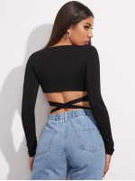 Cross Wrap Tie Front Rib-knit Crop Top