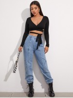 Cross Wrap Tie Front Rib-knit Crop Top