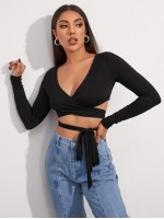 Cross Wrap Tie Front Rib-knit Crop Top