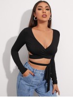 Cross Wrap Tie Front Rib-knit Crop Top