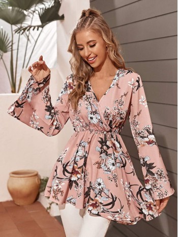 Floral Print V Neck Flare Sleeve Longline Blouse