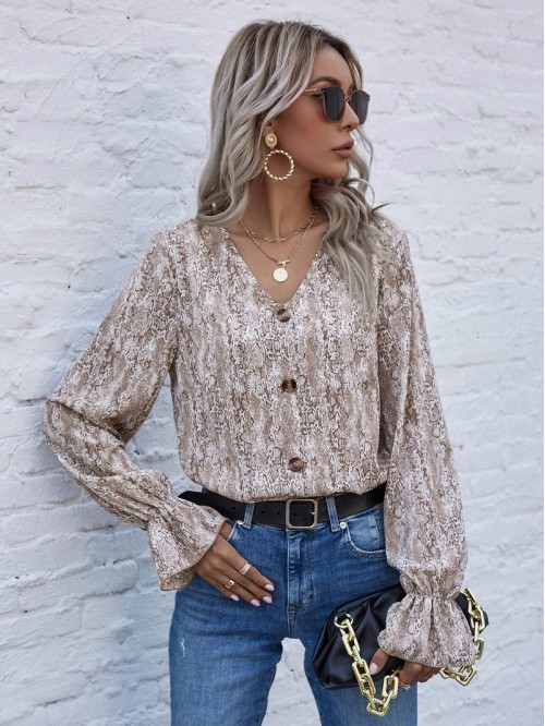 Snakeskin Print Flounce Sleeve Blouse