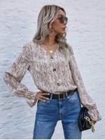 Snakeskin Print Flounce Sleeve Blouse