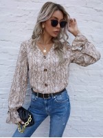 Snakeskin Print Flounce Sleeve Blouse