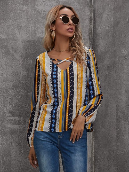 Geo Striped Criss Cross Blouse