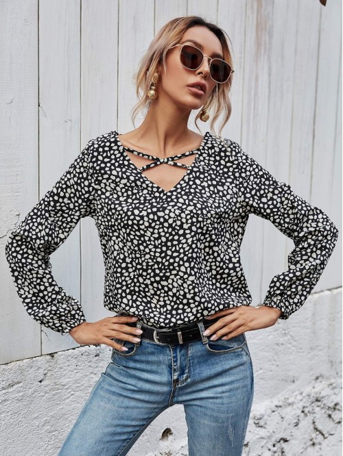 All Over Print Criss Cross Blouse