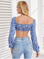 Tie Front Shirred Back Hanky Hem Crop Top