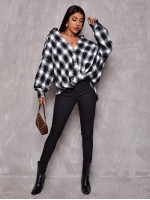 Drop Shoulder Oversized Plaid Blouse