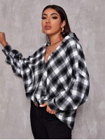 Drop Shoulder Oversized Plaid Blouse