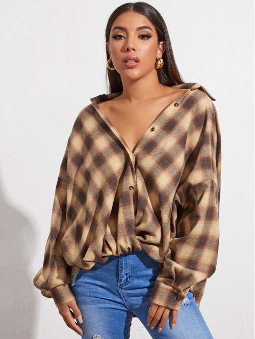 Drop Shoulder Oversized Plaid Blouse