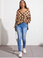 Drop Shoulder Oversized Plaid Blouse