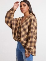 Drop Shoulder Oversized Plaid Blouse