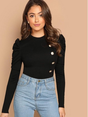 Button Front Puff Sleeve Tee