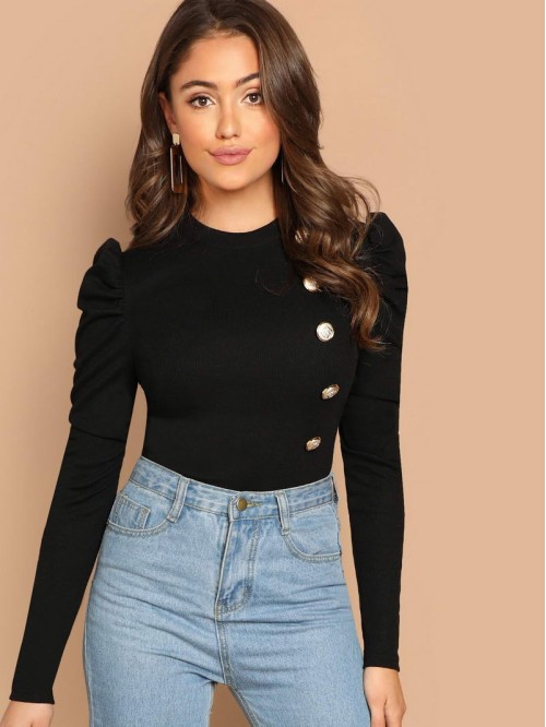 Button Front Puff Sleeve Tee