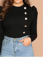 Button Front Puff Sleeve Tee