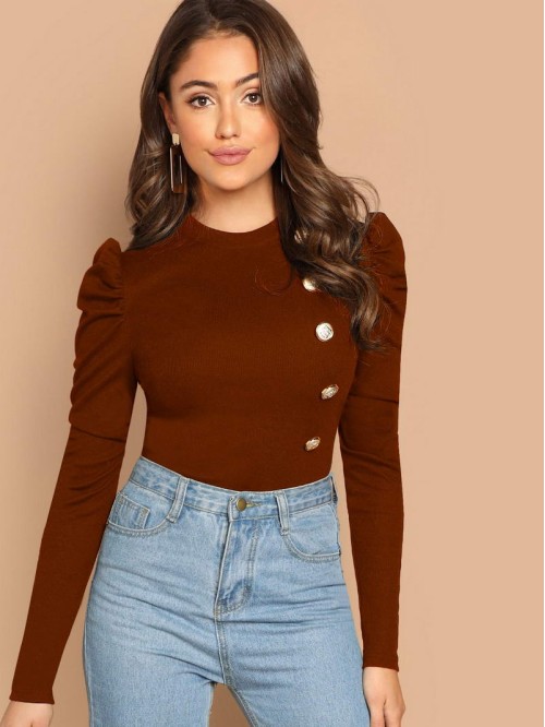 Leg-of-mutton Sleeve Buttoned Front Top