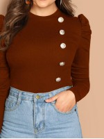 Leg-of-mutton Sleeve Buttoned Front Top