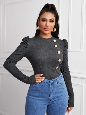 Leg-of-mutton Sleeve Buttoned Front Top