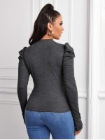 Leg-of-mutton Sleeve Buttoned Front Top