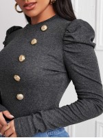 Leg-of-mutton Sleeve Buttoned Front Top